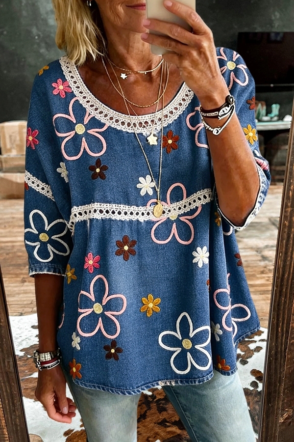 Women's top | Lace Floral Denim Top |westernfeelings