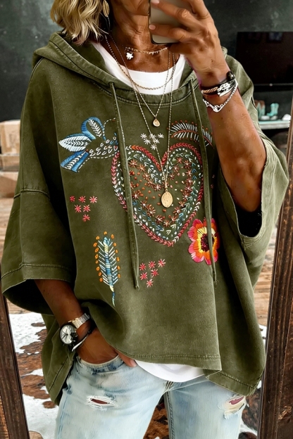 Retro Bird And Floral Hooded Top