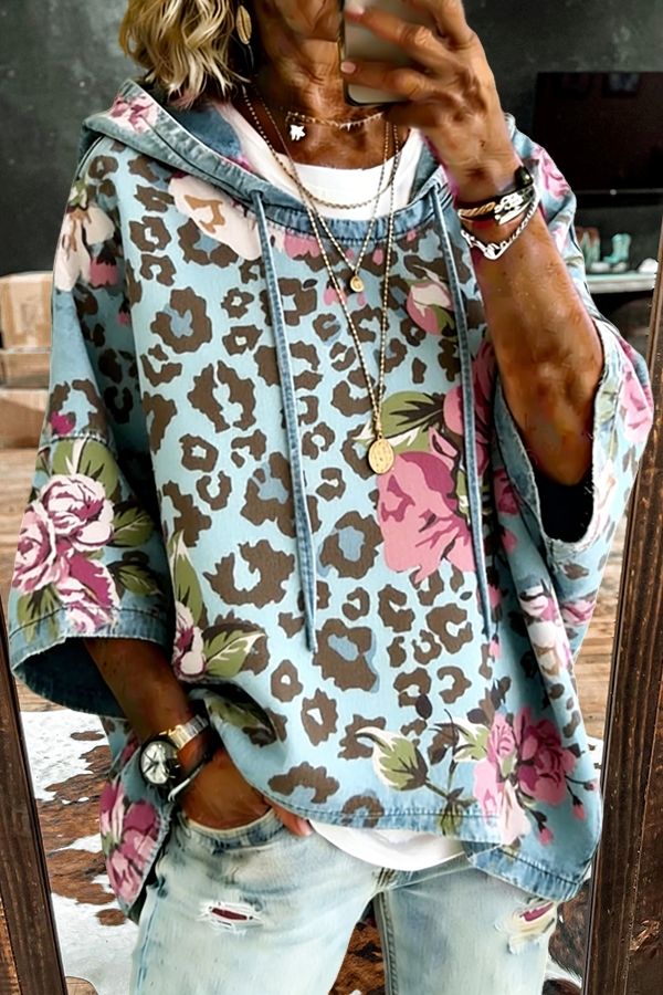 Retro Leopard Print Floral Hooded Top