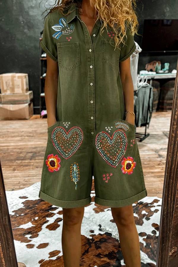 Retro Floral And Bird Heart Romper