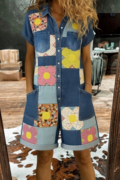 Color-Blocked Floral Patchwork Romper