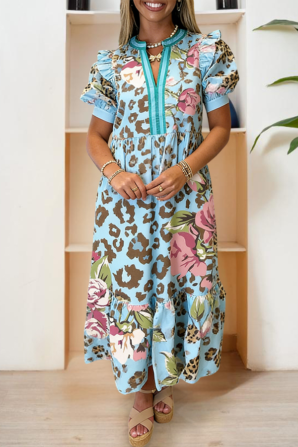 Leopard Print Floral Ruffle Puff Sleeve Maxi Dress