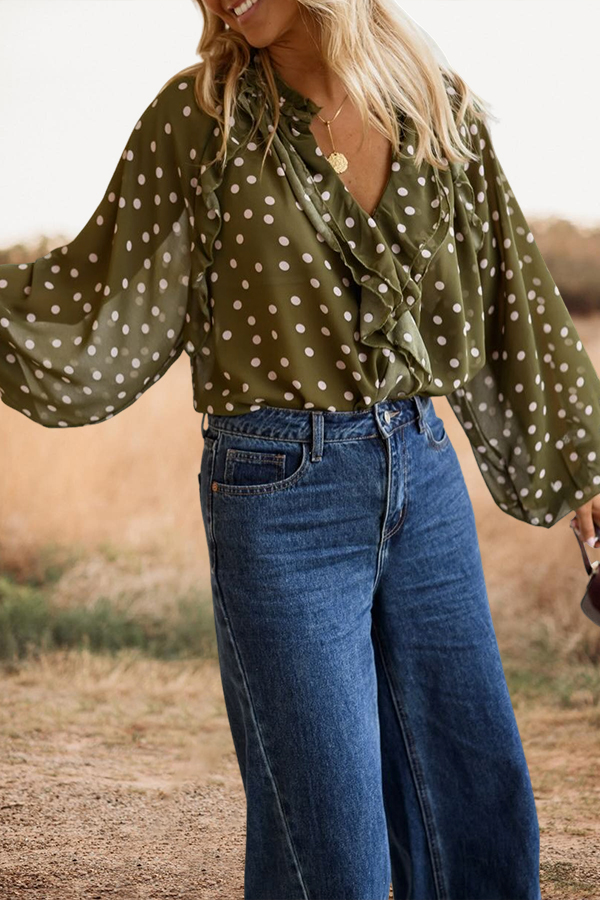 Retro Polka Dot Ruffled Puff Sleeve Shirt