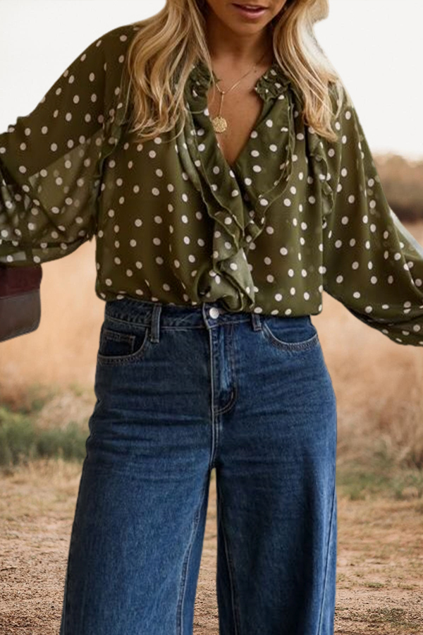 Retro Polka Dot Ruffled Puff Sleeve Shirt