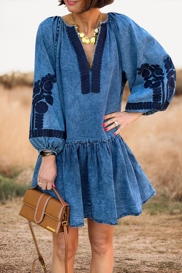 Puff Sleeve V-Neck Ruffle Mini Dress