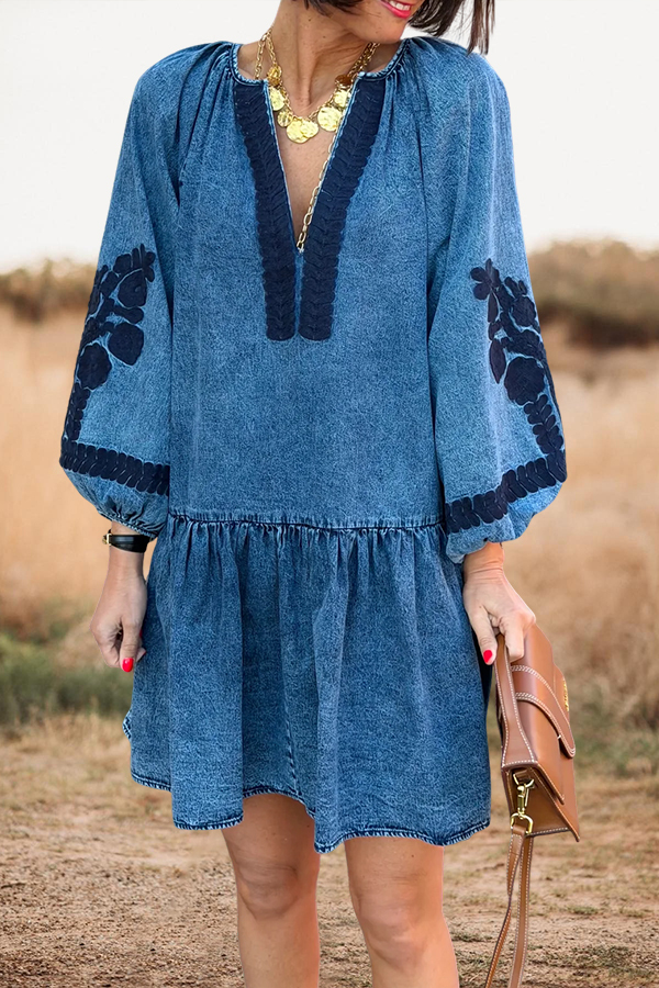 Puff Sleeve V-Neck Ruffle Mini Dress