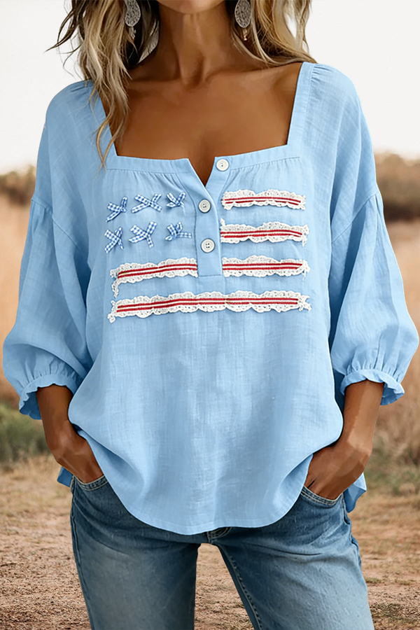 USA Sweet Bow Striped Square Neck Casual Top