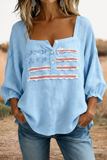 USA Sweet Bow Striped Square Neck Casual Top