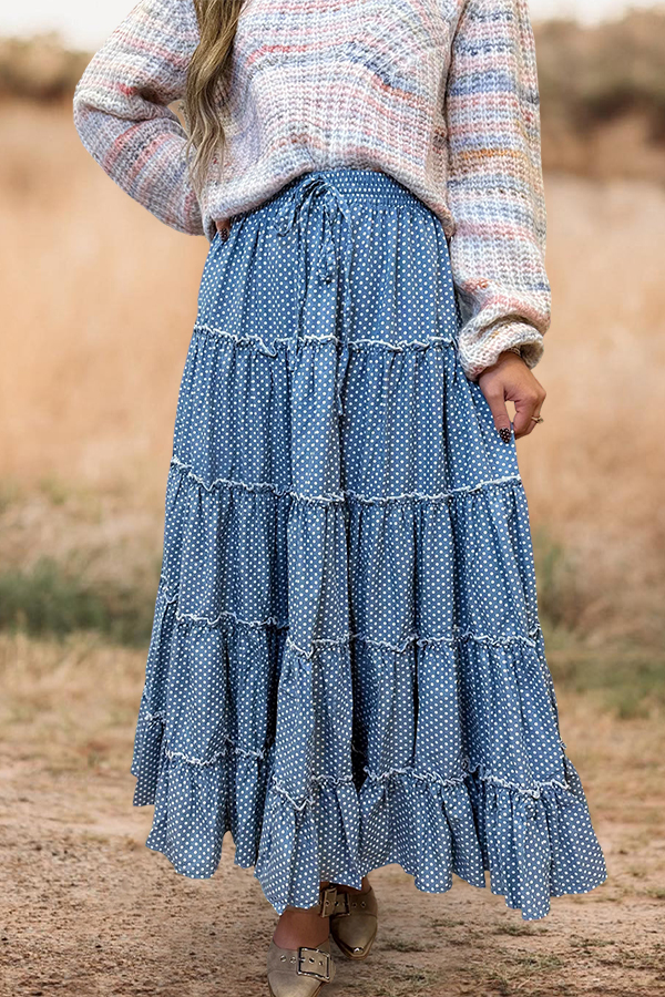Retro Polka Dot Layered Ruffle Maxi Skirt