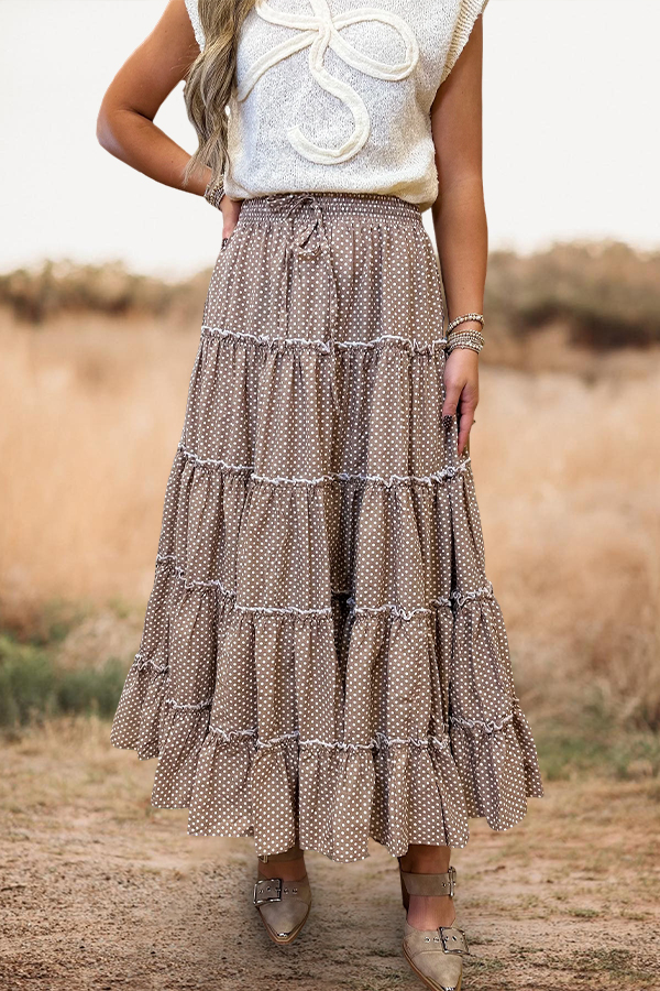 Retro Polka Dot Layered Ruffle Maxi Skirt