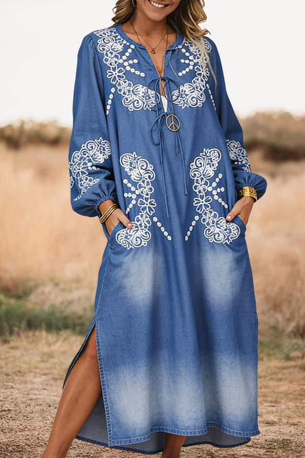 Bohemian Print Tie Up Slit Puff Sleeve Maxi Dress