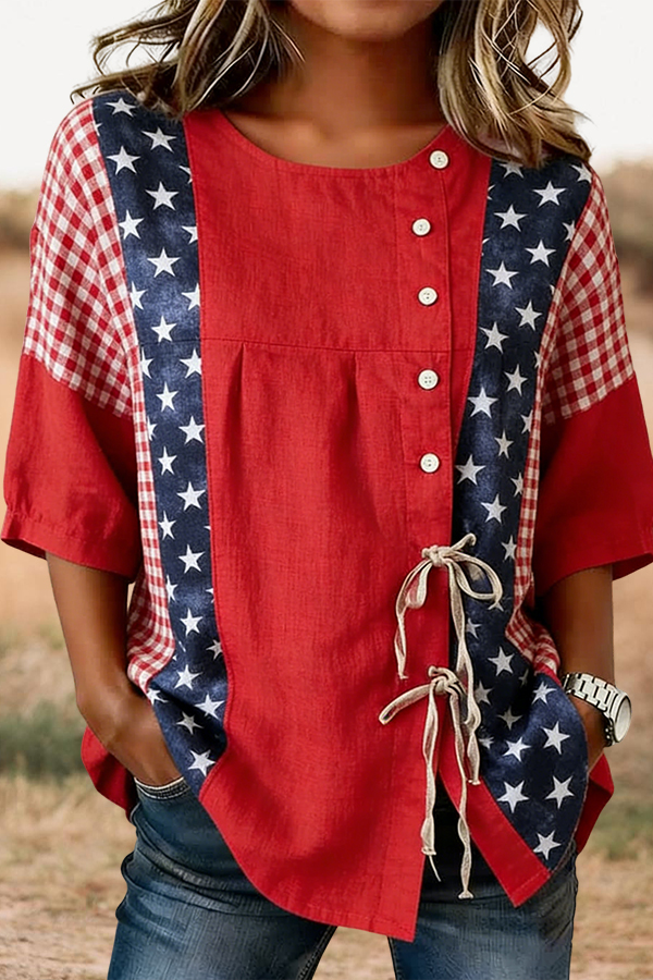 USA Plaid Star Tie Front Shirt
