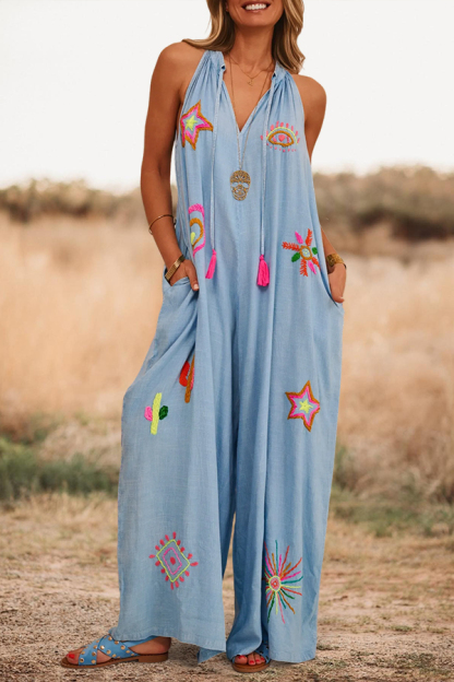 Vacation Embroidered Halter Neck Wide Leg Jumpsuit