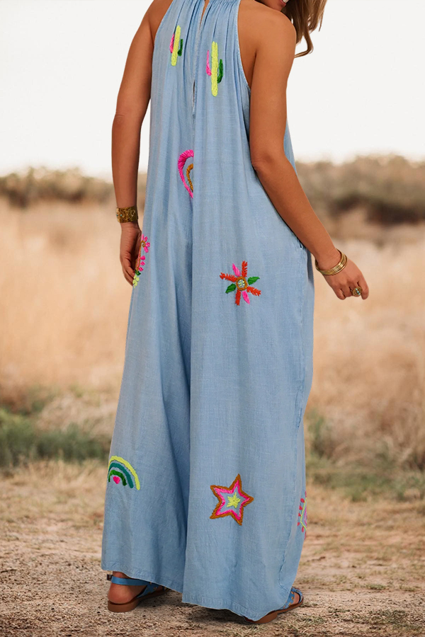 Vacation Embroidered Halter Neck Wide Leg Jumpsuit