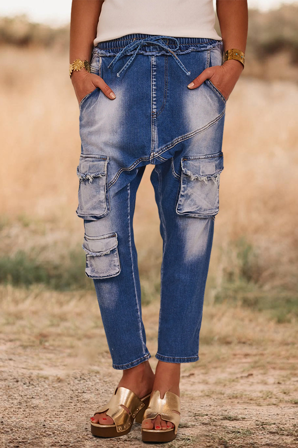 Washed Elastic Waistband Jeans