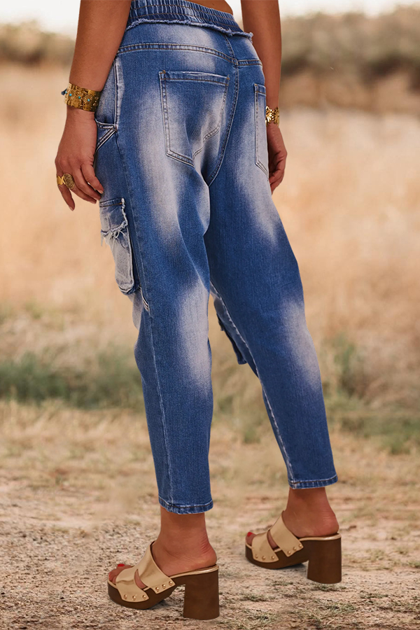 Washed Elastic Waistband Jeans