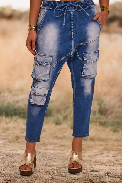 Washed Elastic Waistband Jeans