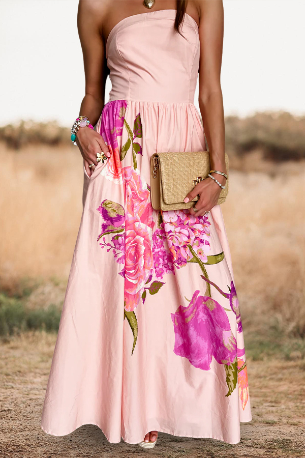 Floral Print Strapless Maxi Dress