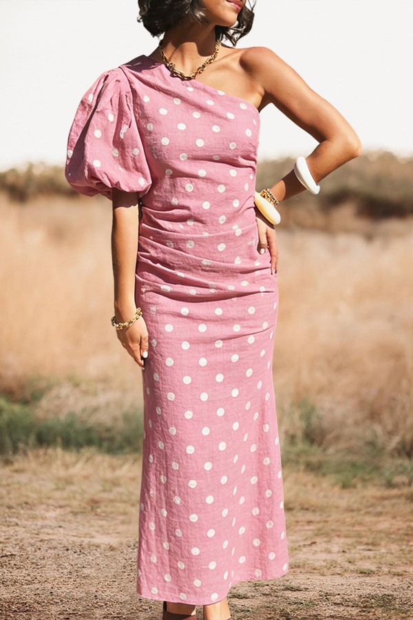 Polka Dot One-Shoulder Puff Sleeve Maxi Dress