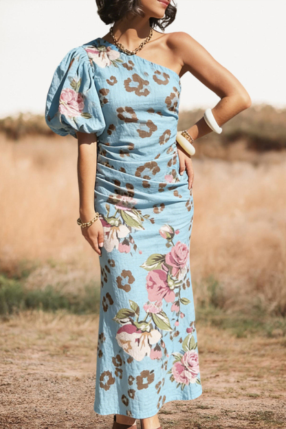 Leopard Print Floral One Shoulder Puff Sleeve Maxi Dress
