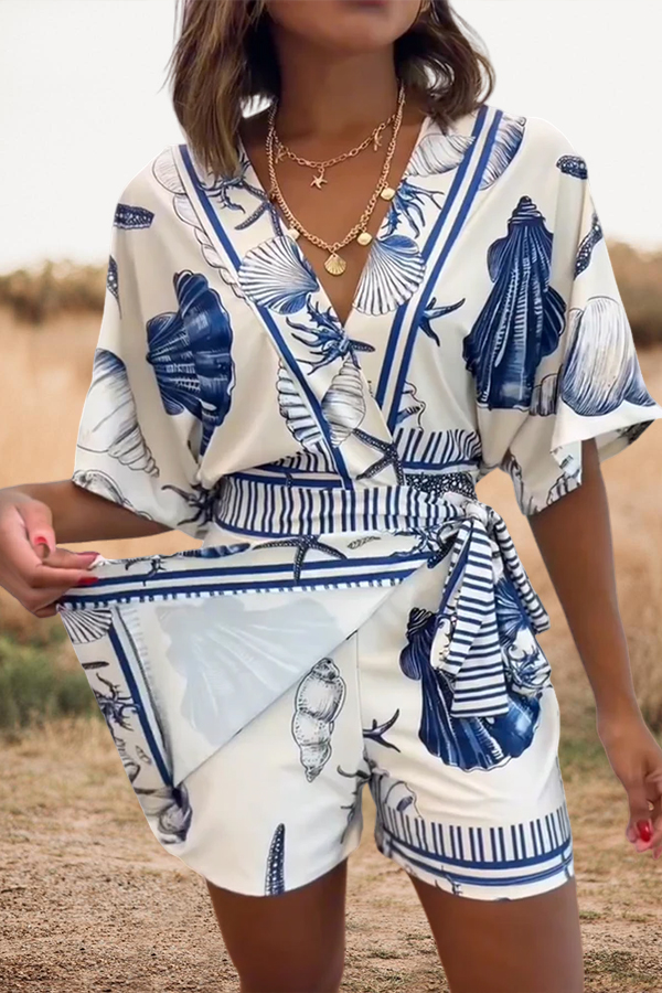 Starfish And Seashell Print Vacation Romper