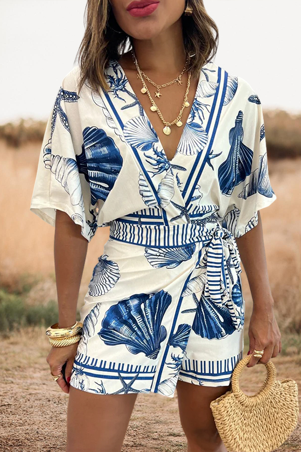 Starfish And Seashell Print Vacation Romper