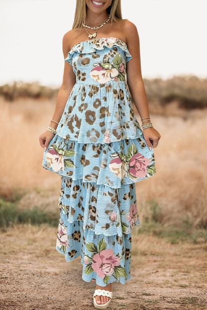 Leopard Print Floral Strapless Multi Layered Ruffle Maxi Dress