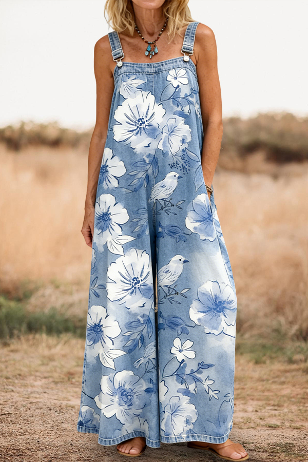 Elegant Floral And Bird Wide Leg Overalls