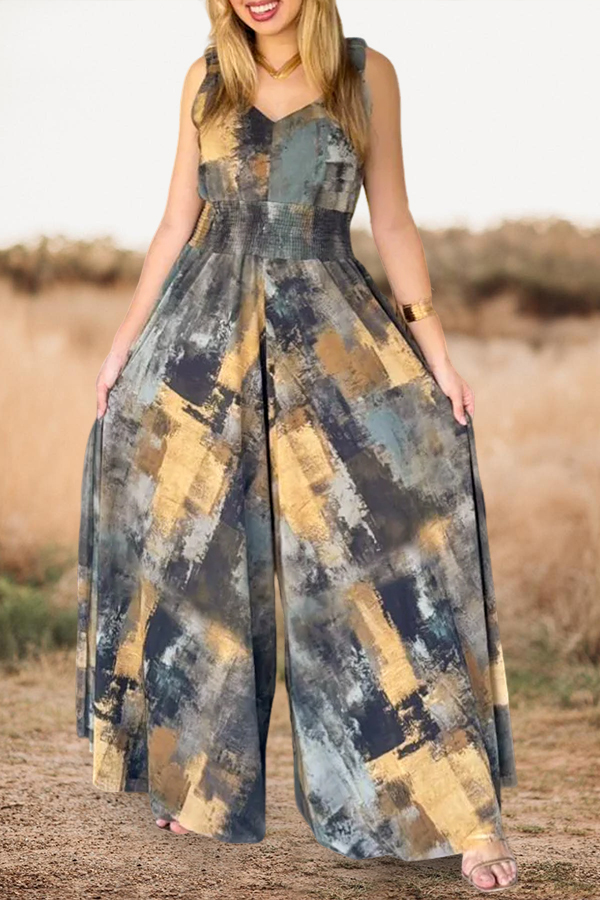 Abstract Oil Painting Print V Neck Wide Leg Jumpsuit