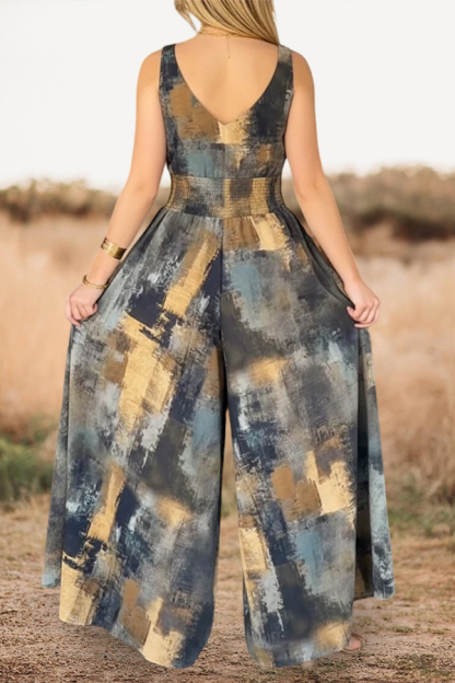 Abstract Oil Painting Print V Neck Wide Leg Jumpsuit