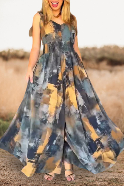 Abstract Oil Painting Print V Neck Wide Leg Jumpsuit