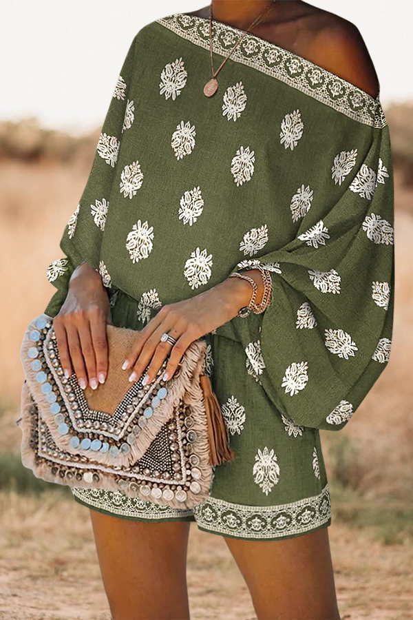 Two Piece Boho Slanted Neck Lantern Sleeve Top And Elastic Waist Shorts Set