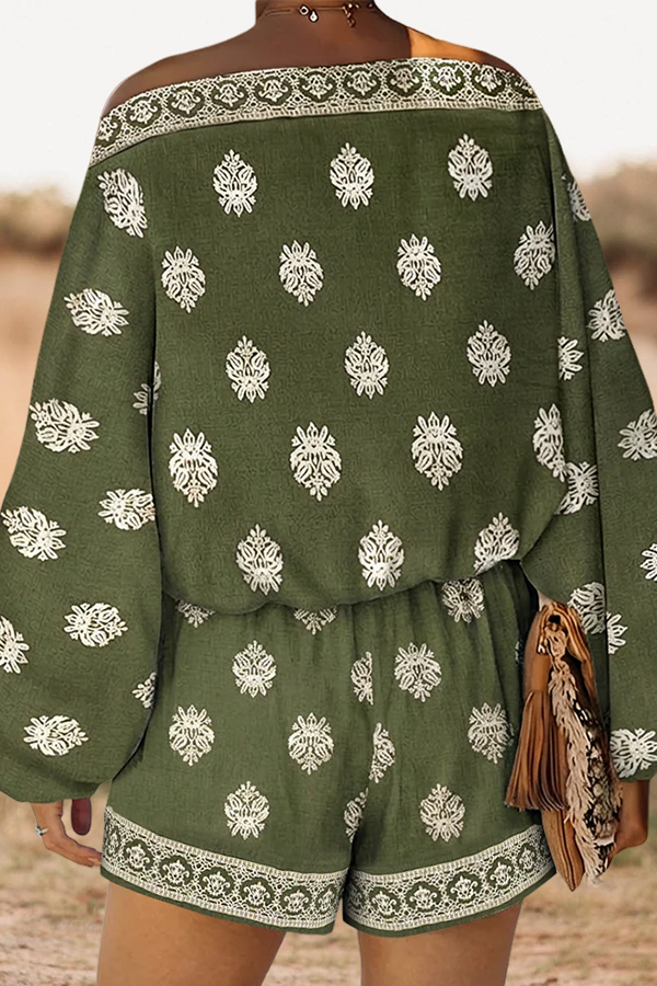 Two Piece Boho Slanted Neck Lantern Sleeve Top And Elastic Waist Shorts Set