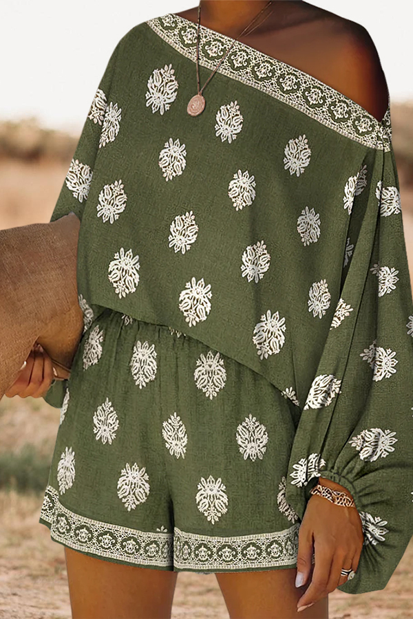 Two Piece Boho Slanted Neck Lantern Sleeve Top And Elastic Waist Shorts Set