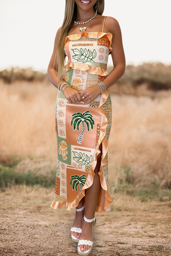 Women's dress | Resort Palm Tree Ruffled Satin Dress |westernfeelings