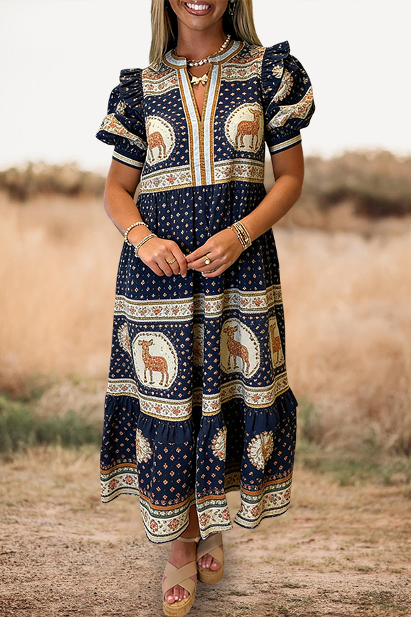 Boho Deer Ruffled Puff Sleeve Maxi Dress