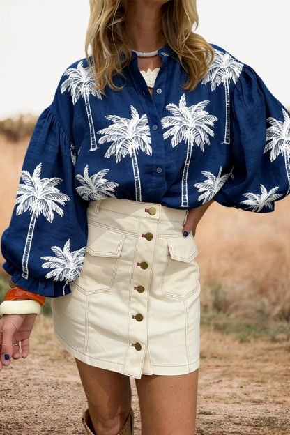 Vacation Palm Tree Puff Sleeve Ruffled Shirt