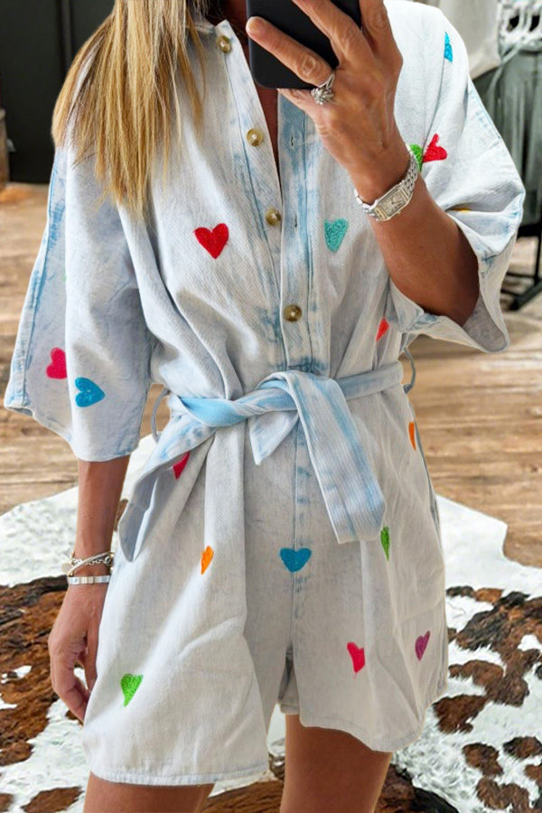 Star Tie Strap Washed Denim Romper