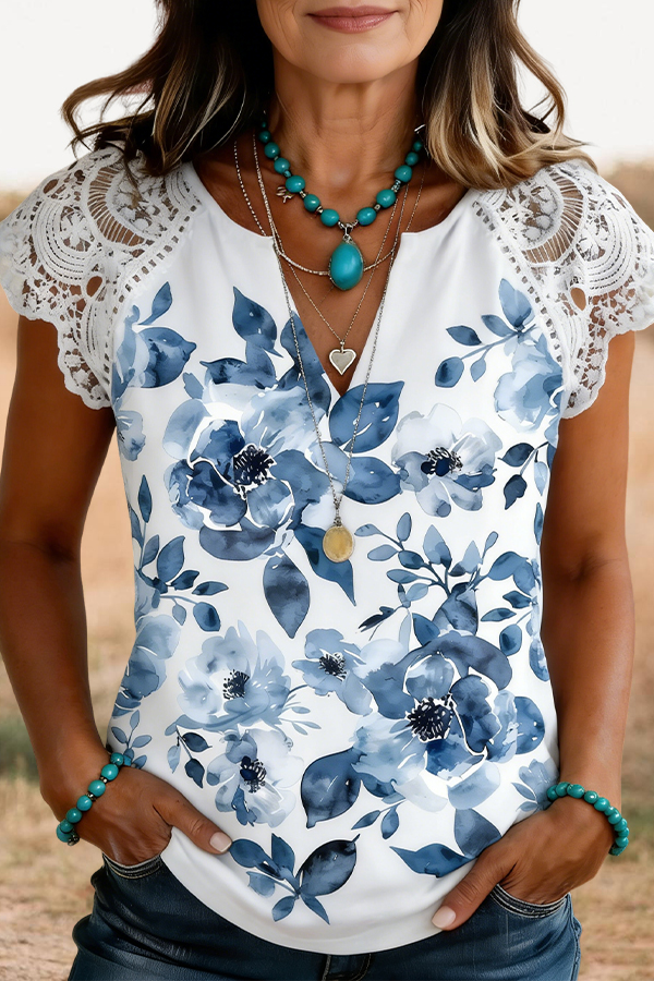 Elegant Floral Lace Paneled T-Shirt
