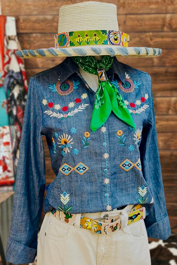 Retro Denim-Style Floral Shirt