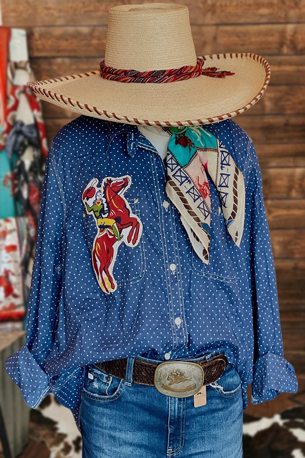 Denim-Style Polka Dot Horse Racing Print Shirt