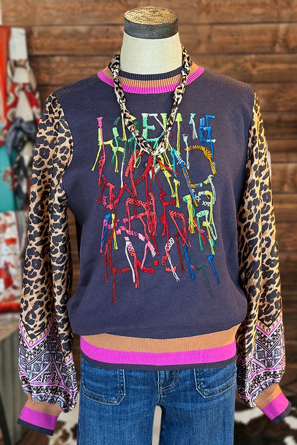 Charming Love Embroidered Leopard Print Sweatshirt