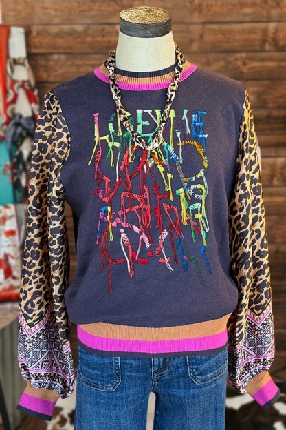 Charming Love Embroidered Leopard Print Sweatshirt