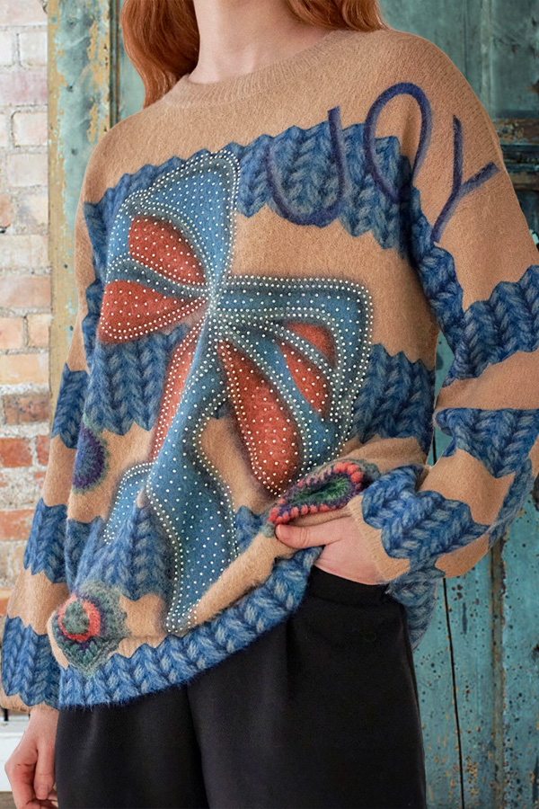 Retro Bow-Tie Round Neck Knit Sweater