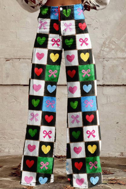 Retro Heart-Patterned Wide-Leg Pants