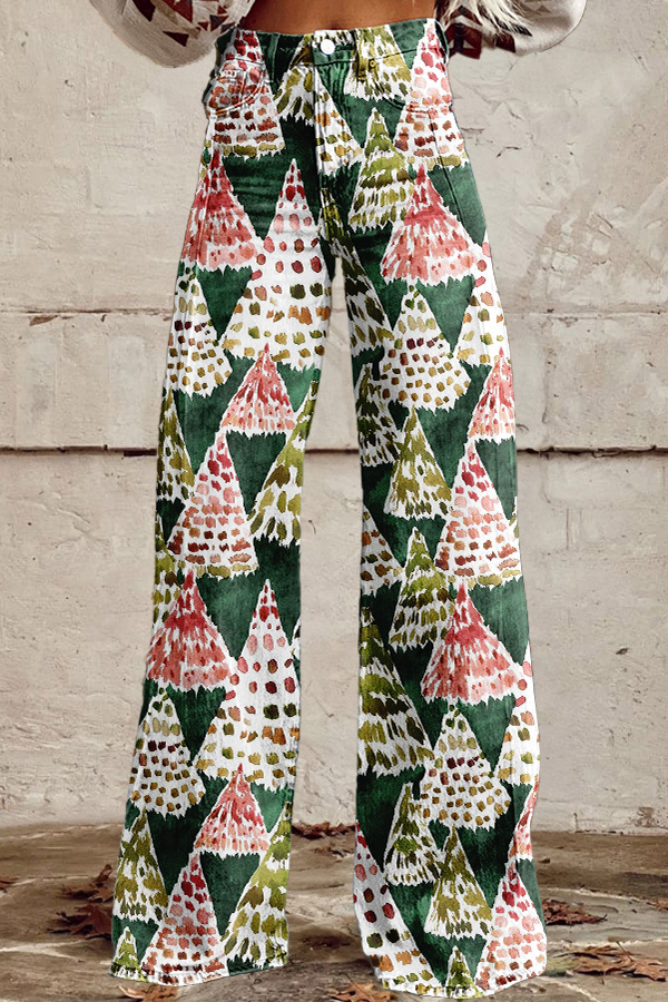 Retro Christmas Tree Print Wide-Leg Pants