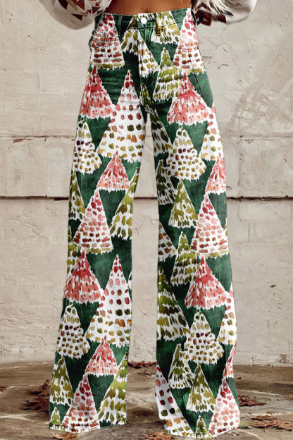 Retro Christmas Tree Print Wide-Leg Pants