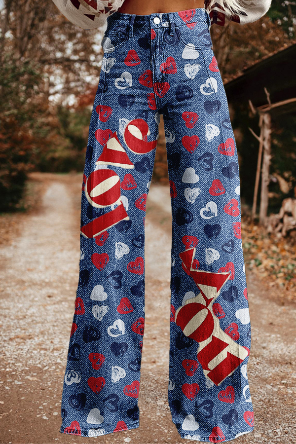 Retro Heart-Print Wide-Leg Pants