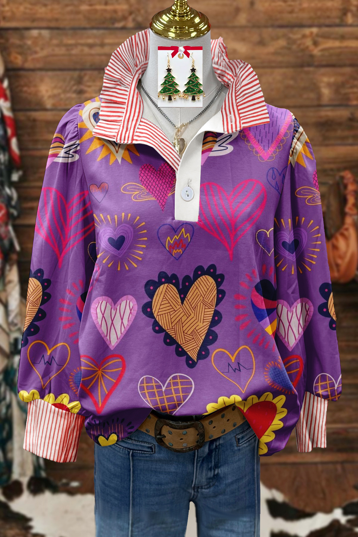Sweet Heart-Striped Print Ruffled Shirt