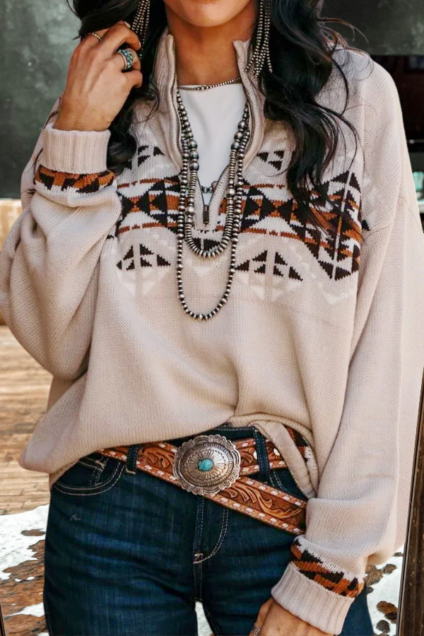 Retro Western Geometric Zipper Sweatshirt